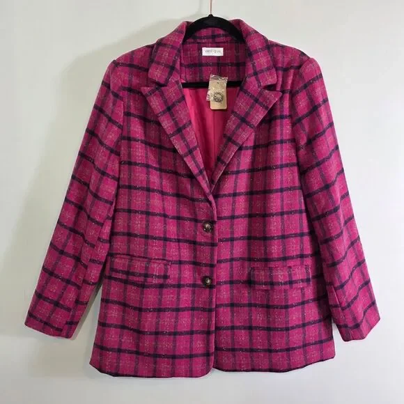 NWT Vestique As If Plaid Fuschia Pink Fall Winter Blazer Coat Jacket Size Large - Picture 2 of 11